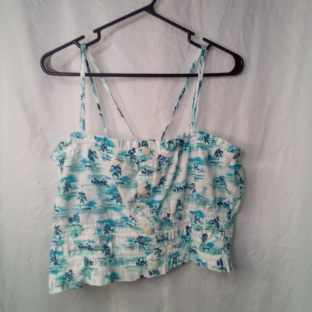 Tommy Jeans Cropped Blouse L Sleeveless Strappy Floral Tropical Smocked Hem Blue